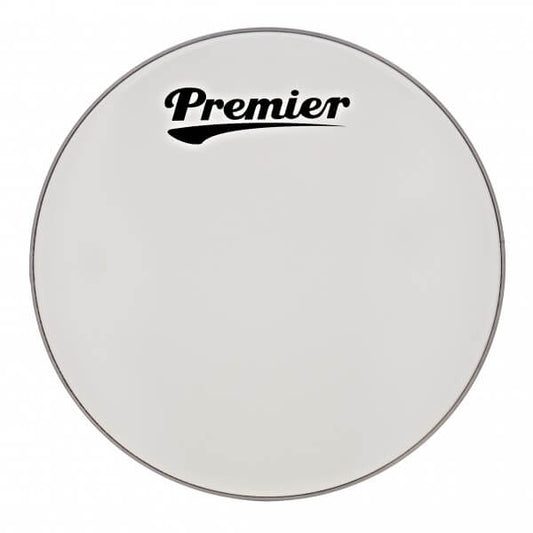 Premier 26 inch bass drum head in white featuring the brand logo.