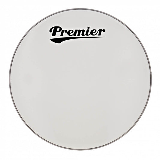 Premier 28 inch bass drum head in white featuring the logo, showcasing its design and quality.