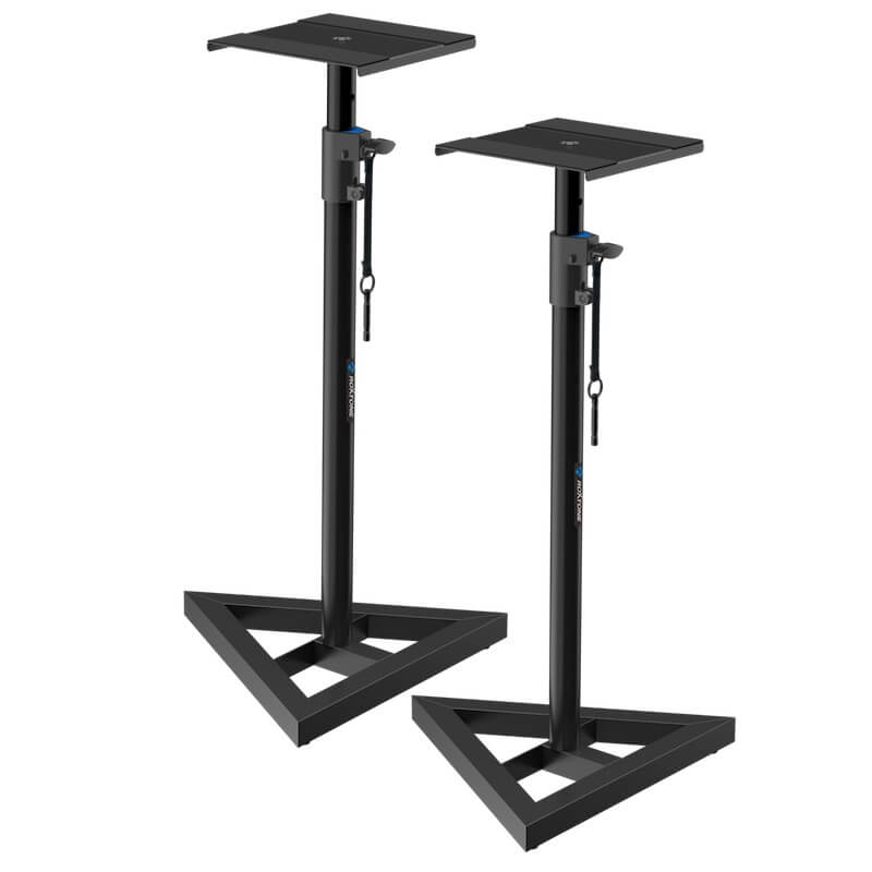 Roxtone PSS110KIT adjustable monitor speaker stand pair featuring height adjustability, steel construction, and a sleek black finish.