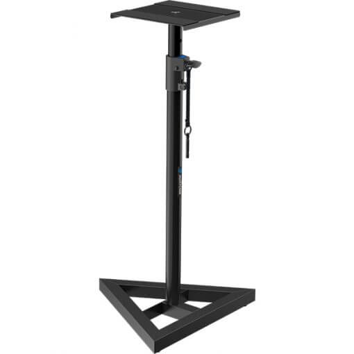 Roxtone PSS110KIT Adjustable Monitor Speaker Stand Pair featuring height adjustability, steel construction, and a sleek black finish.