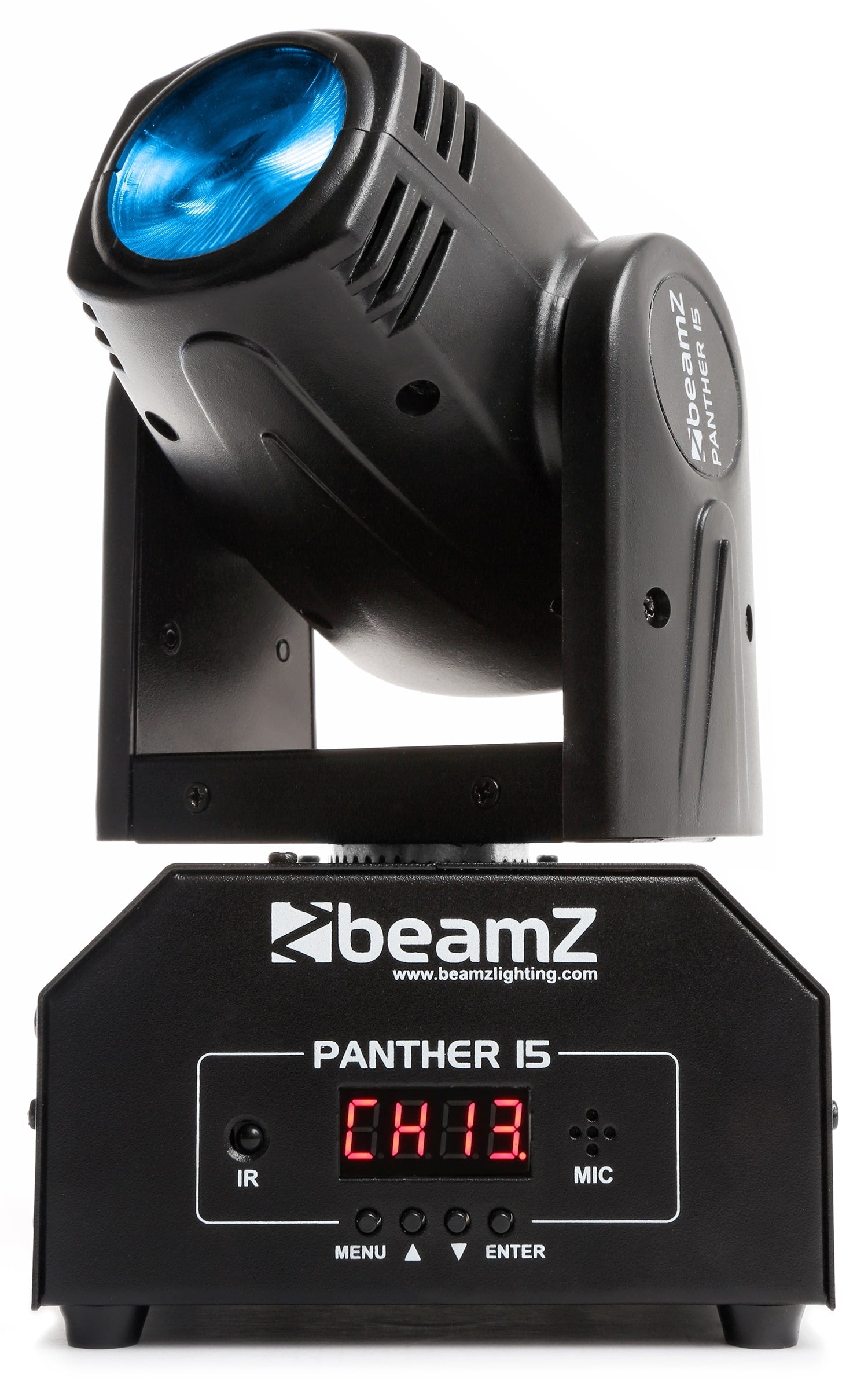 Front view of the Panther 15 LED Beam Moving Head with 10W 4-in-1 RGBW LED in Blue.