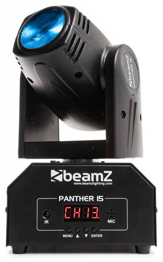 Front view of the Panther 15 LED Beam Moving Head with 10W 4-in-1 RGBW LED in Blue.