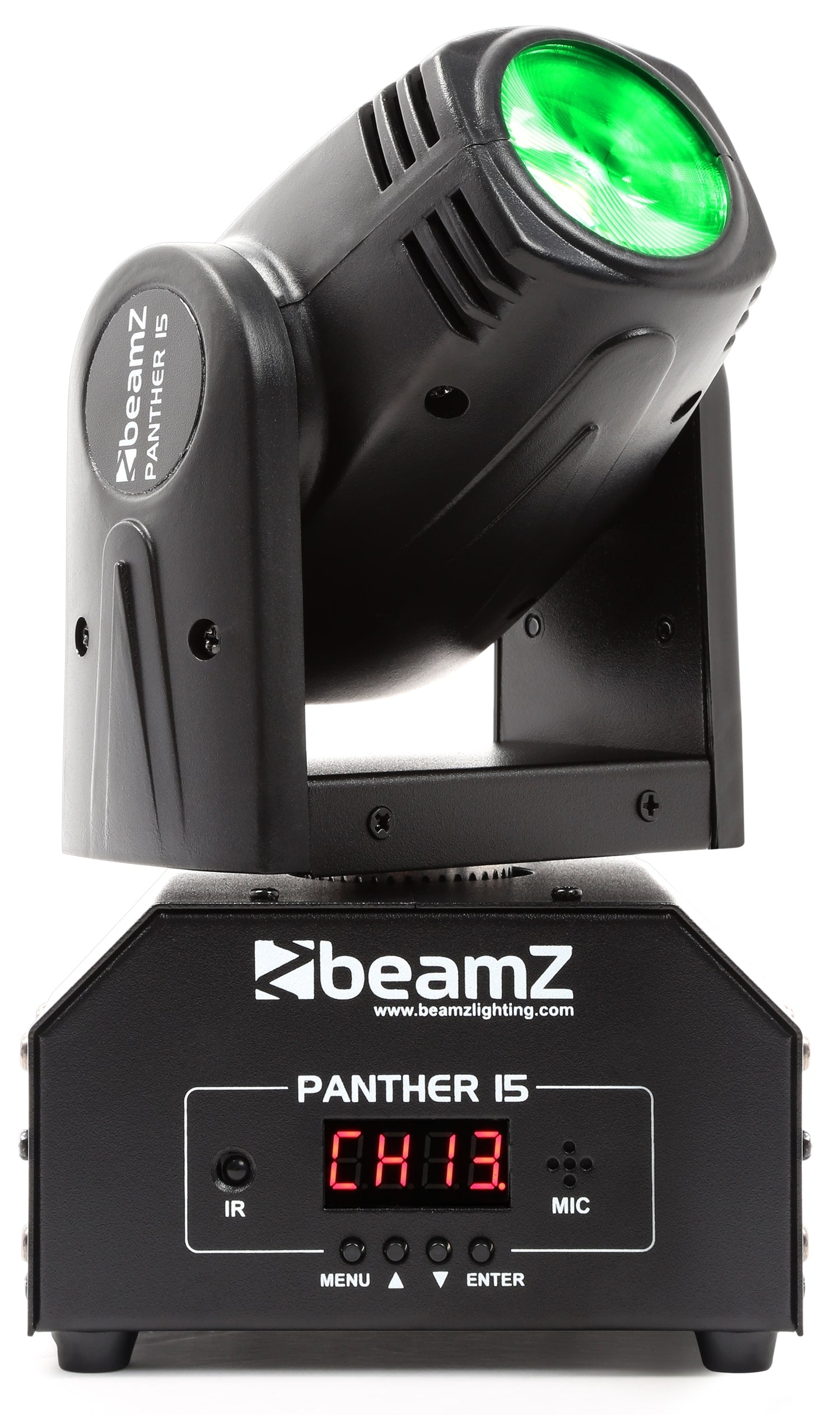 Front view of the Panther 15 LED Beam Moving Head with 10W 4-in-1 RGBW LED in Green.