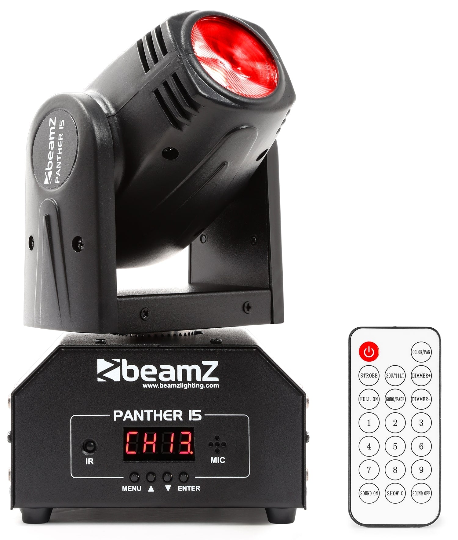 Front view of the Panther 15 LED Beam Moving Head with 10W 4-in-1 RGBW LED in Red.