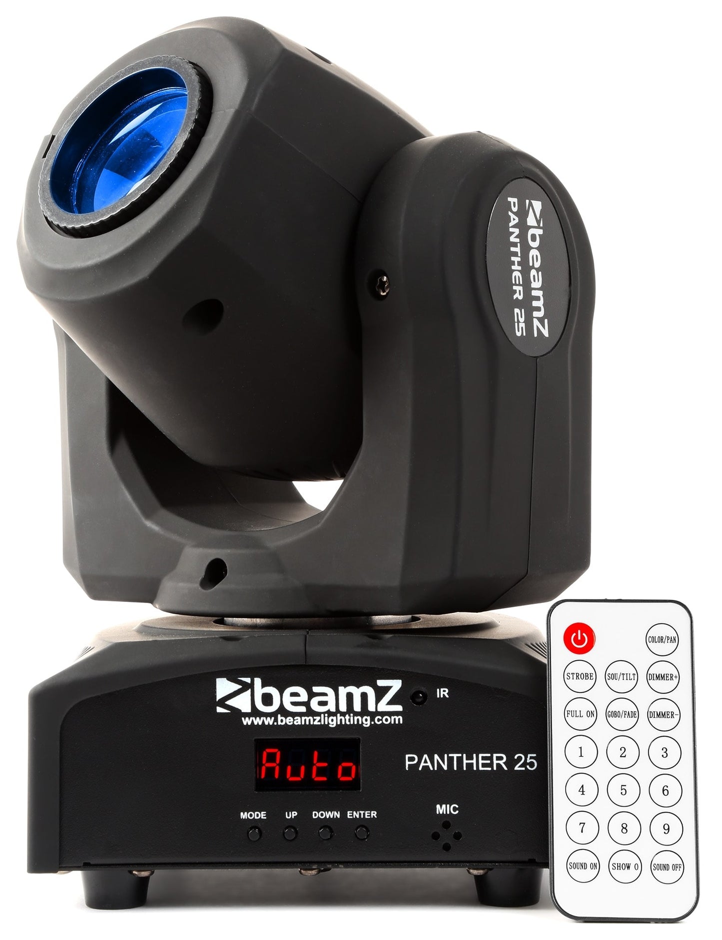 Front view of the Panther 25 LED Spot Moving Head with 12W white CREE LED in blue