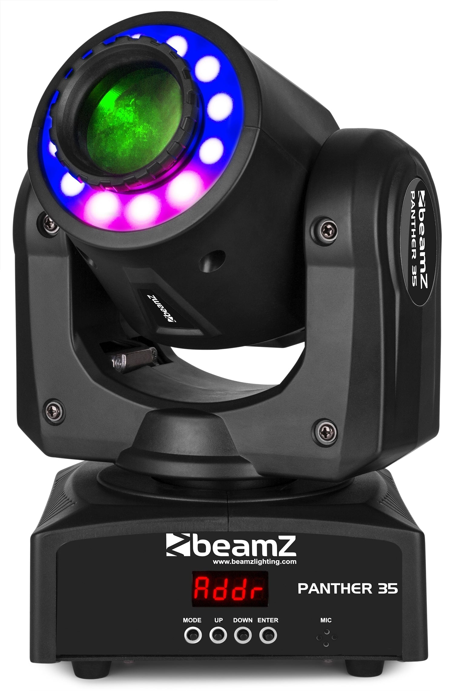 Front view of the Panther 35 LED Spot Moving Head with 35W white LED and RGB SMD LEDs in Multi-colour.