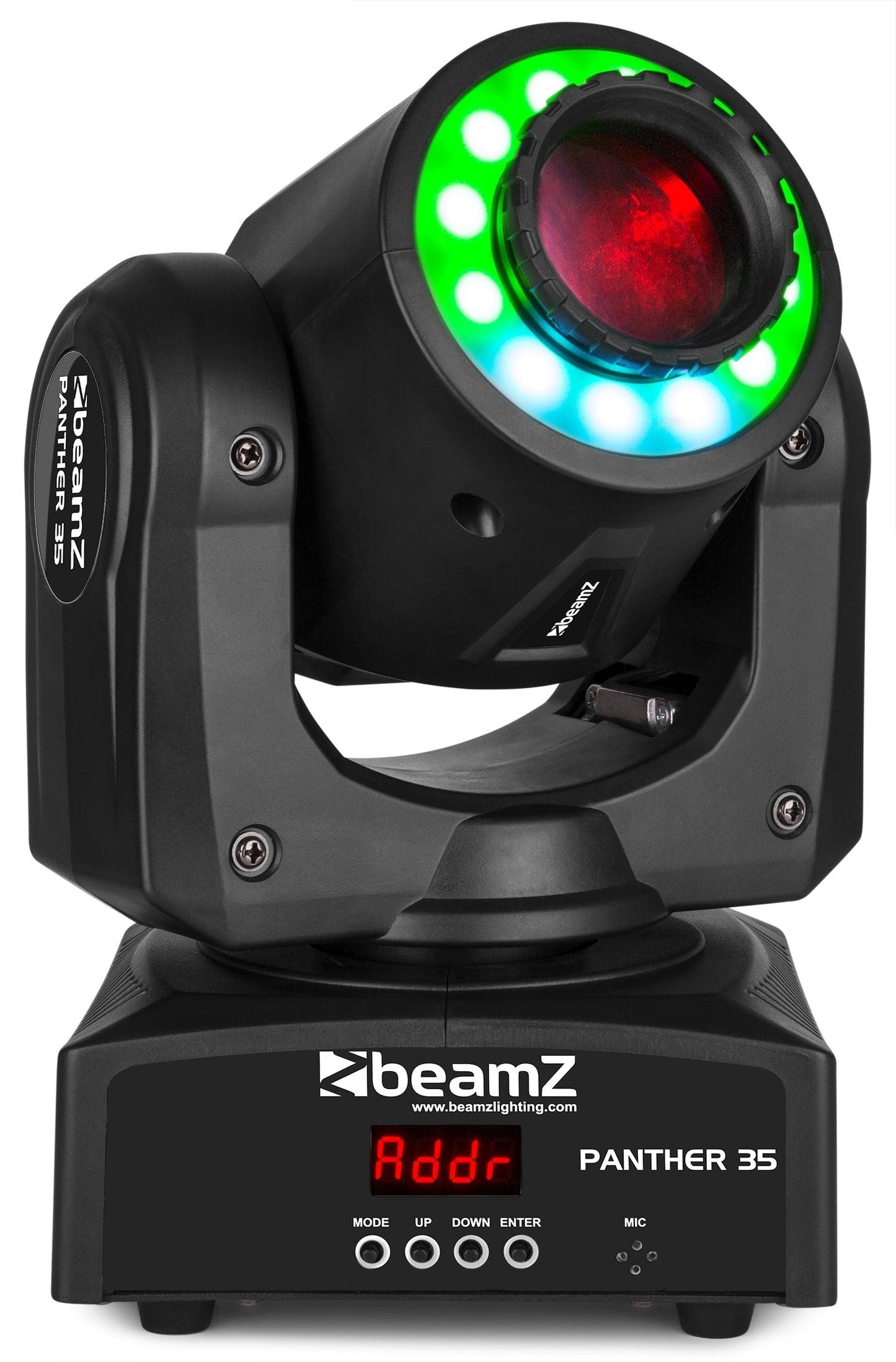 Front view of the Panther 35 LED Spot Moving Head with 35W white LED and RGB SMD LEDs in Multi-colour.