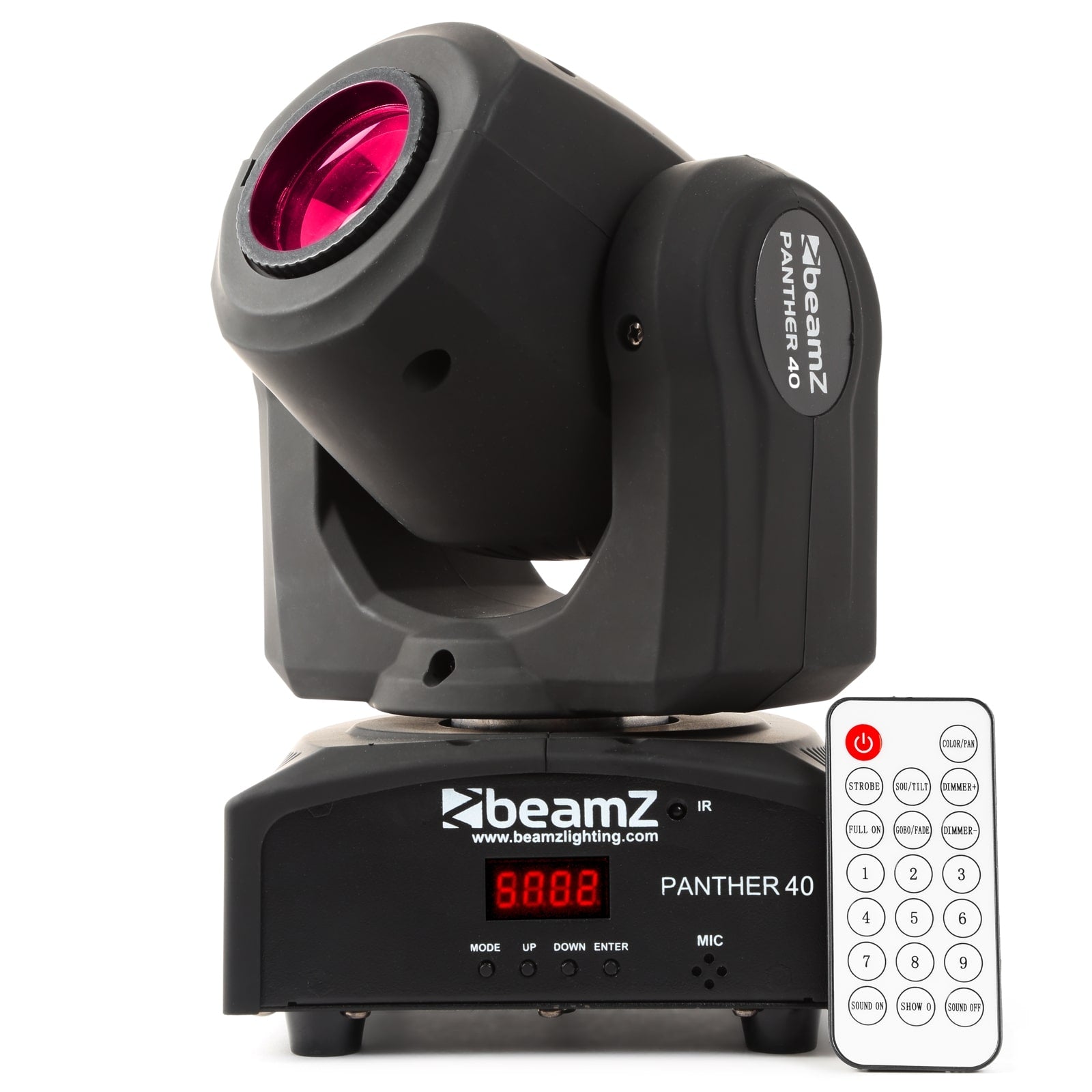 Front view of the Panther 40 LED Spot Moving Head with 45W white LED in red with remote