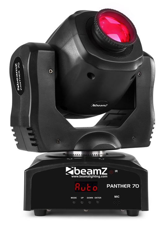 Front view of the Panther 70 LED Spot Moving Head - 7 gobos, 7 colors, high-intensity LED in Red.