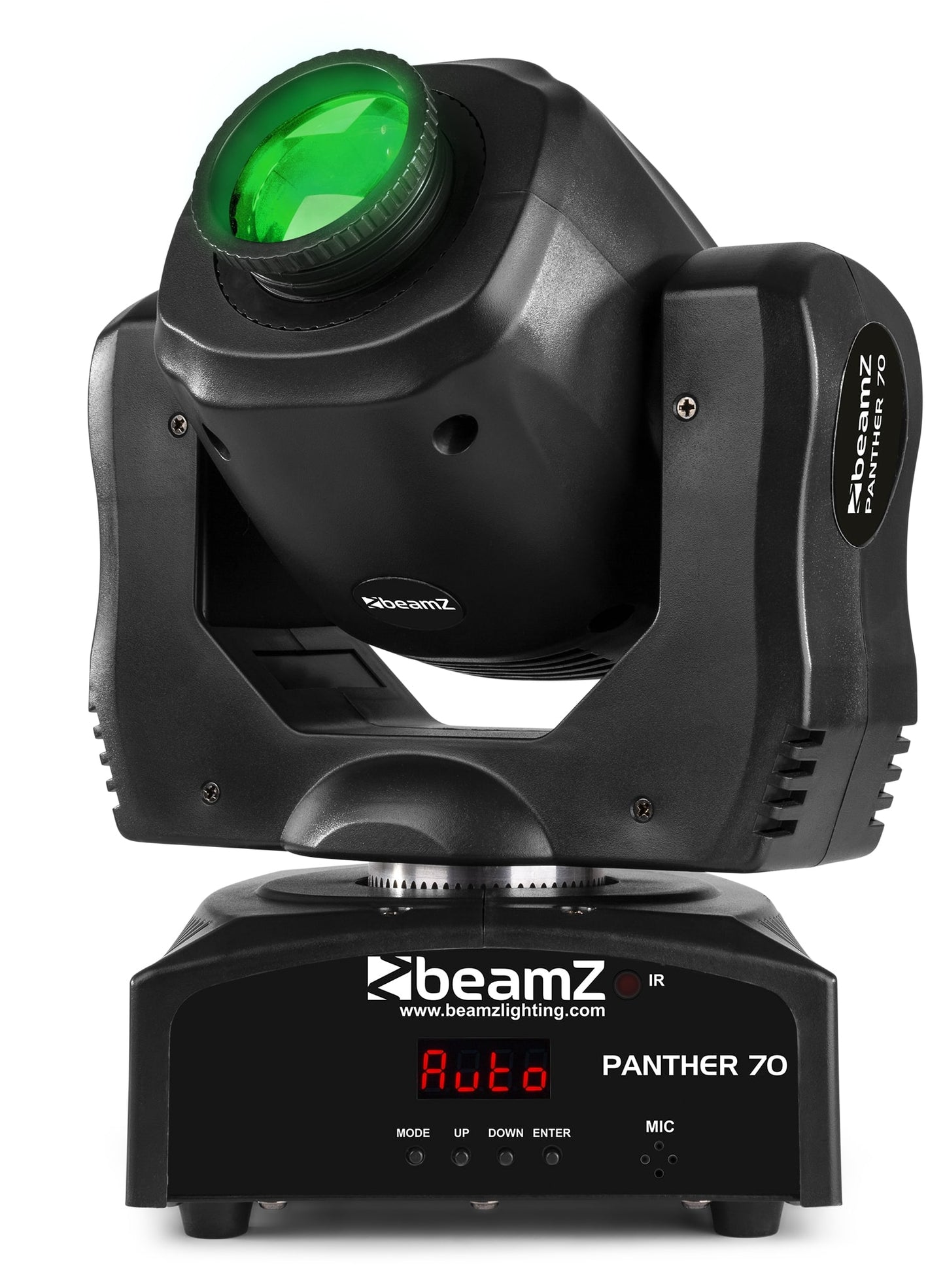 Front view of the Panther 70 LED Spot Moving Head - 7 gobos, 7 colors, high-intensity LED in Green.