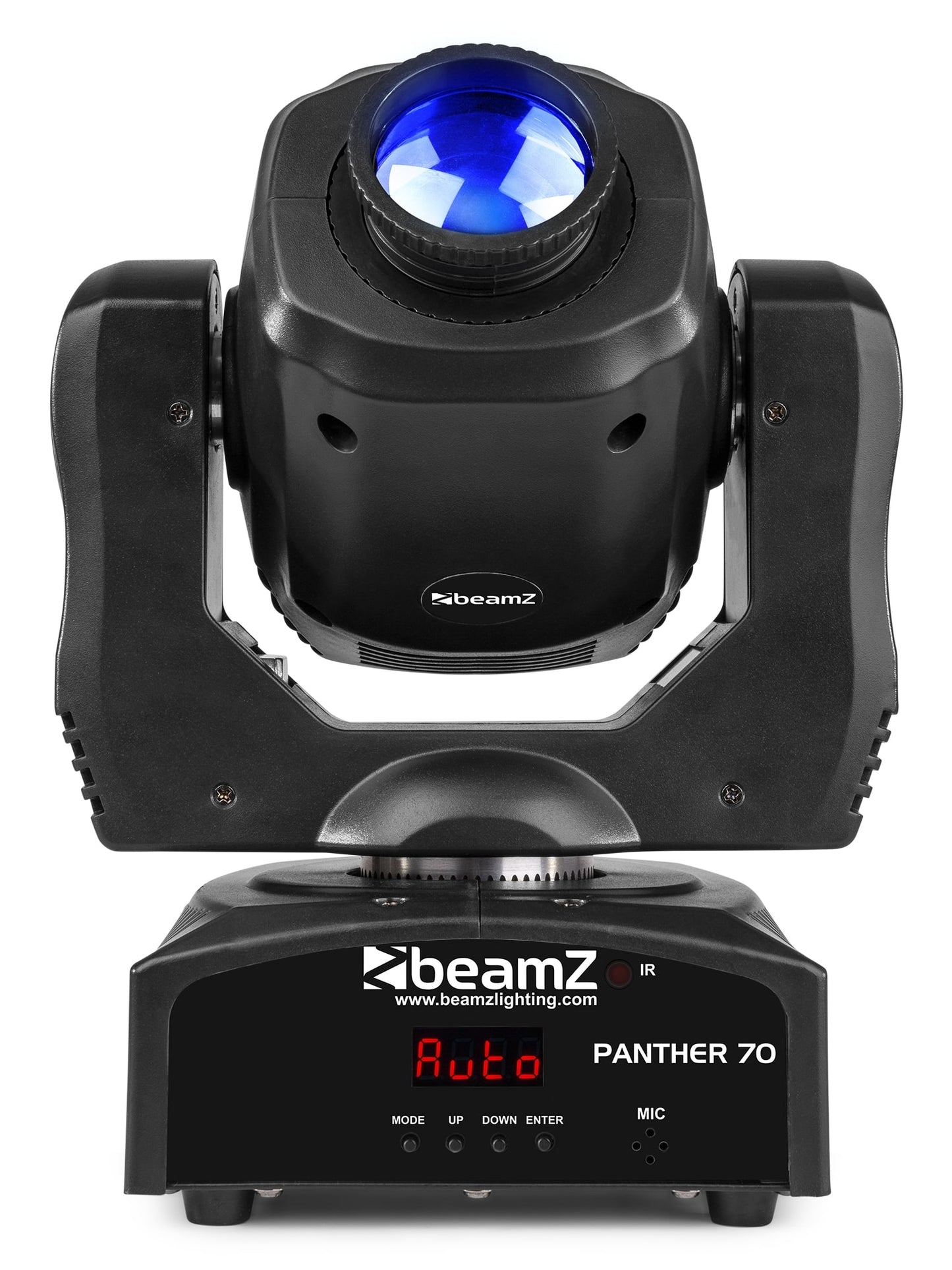 Front view of the Panther 70 LED Spot Moving Head - 7 gobos, 7 colors, high-intensity LED in Blue.