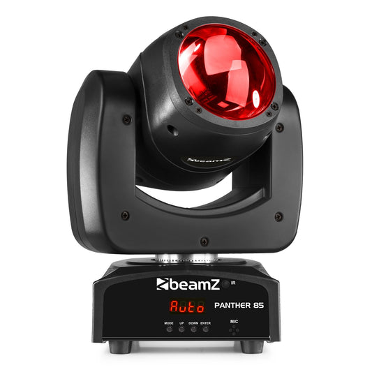 Front view of the Panther 85 LED Beam Moving Head with 80W 4-in-1 LED, RGBW colors, and DMX control by beamZ in Red.