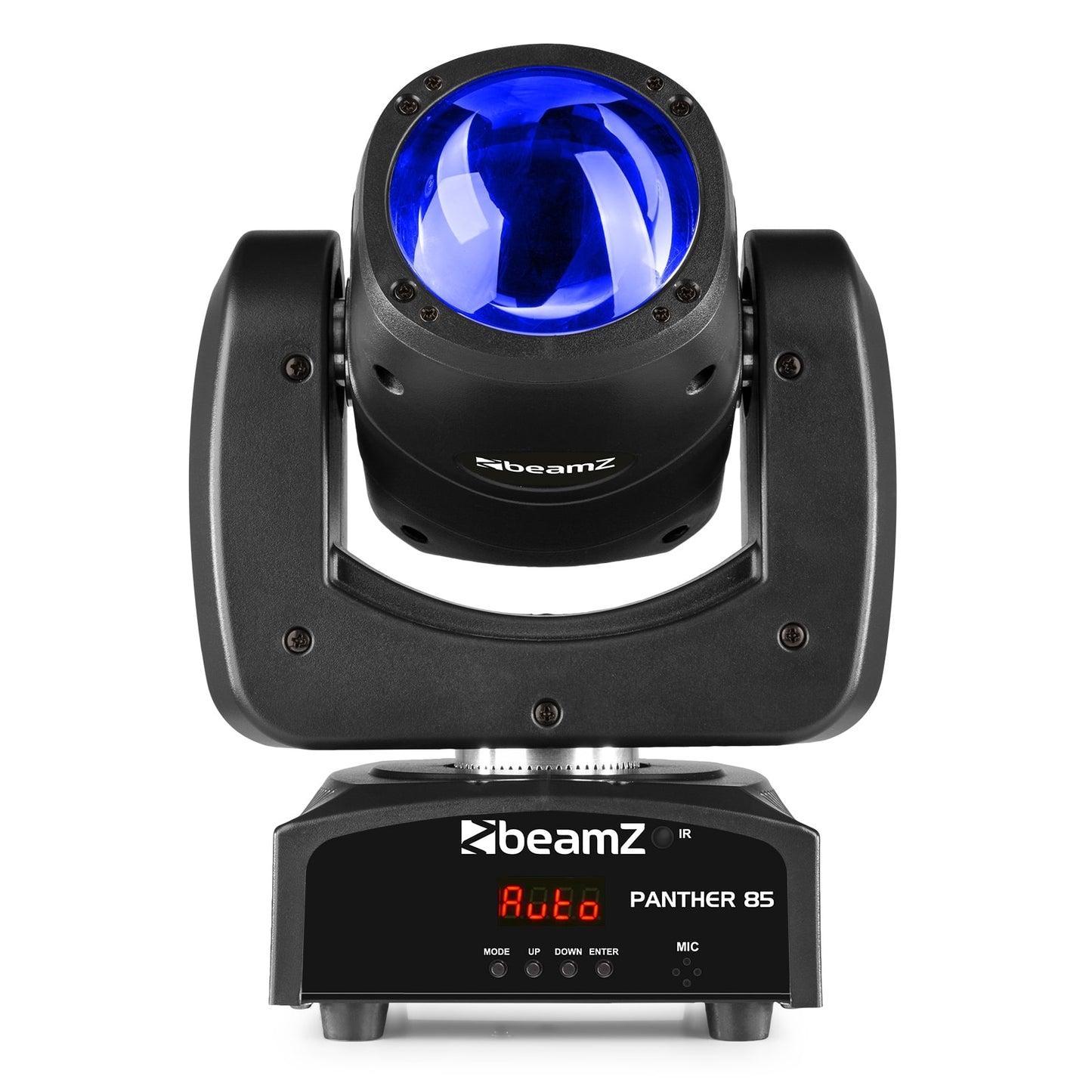 Front view of the Panther 85 LED Beam Moving Head with 80W 4-in-1 LED, RGBW colors, and DMX control by beamZ in Blue.