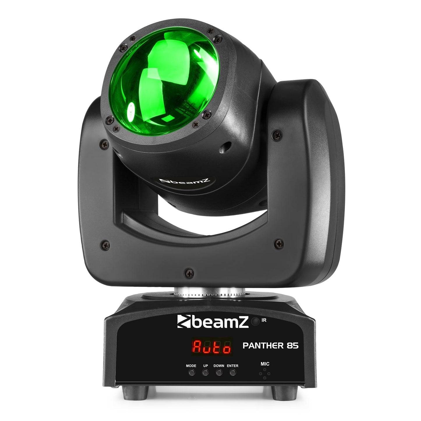 Front view of the Panther 85 LED Beam Moving Head with 80W 4-in-1 LED, RGBW colors, and DMX control by beamZ in Green.