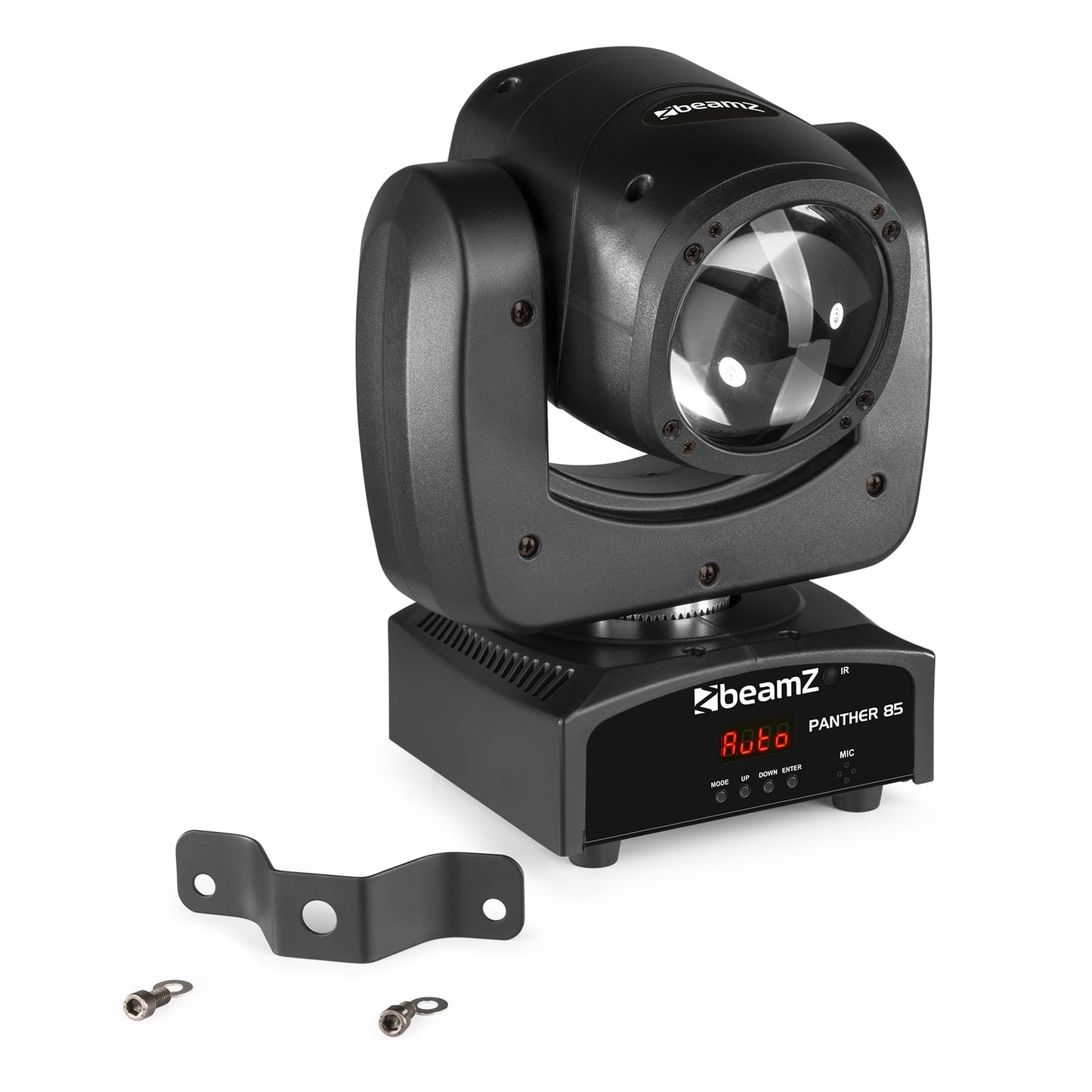 Top view of the Panther 85 LED Beam Moving Head with 80W 4-in-1 LED, RGBW colors, and DMX control by beamZ with mounting brackets.