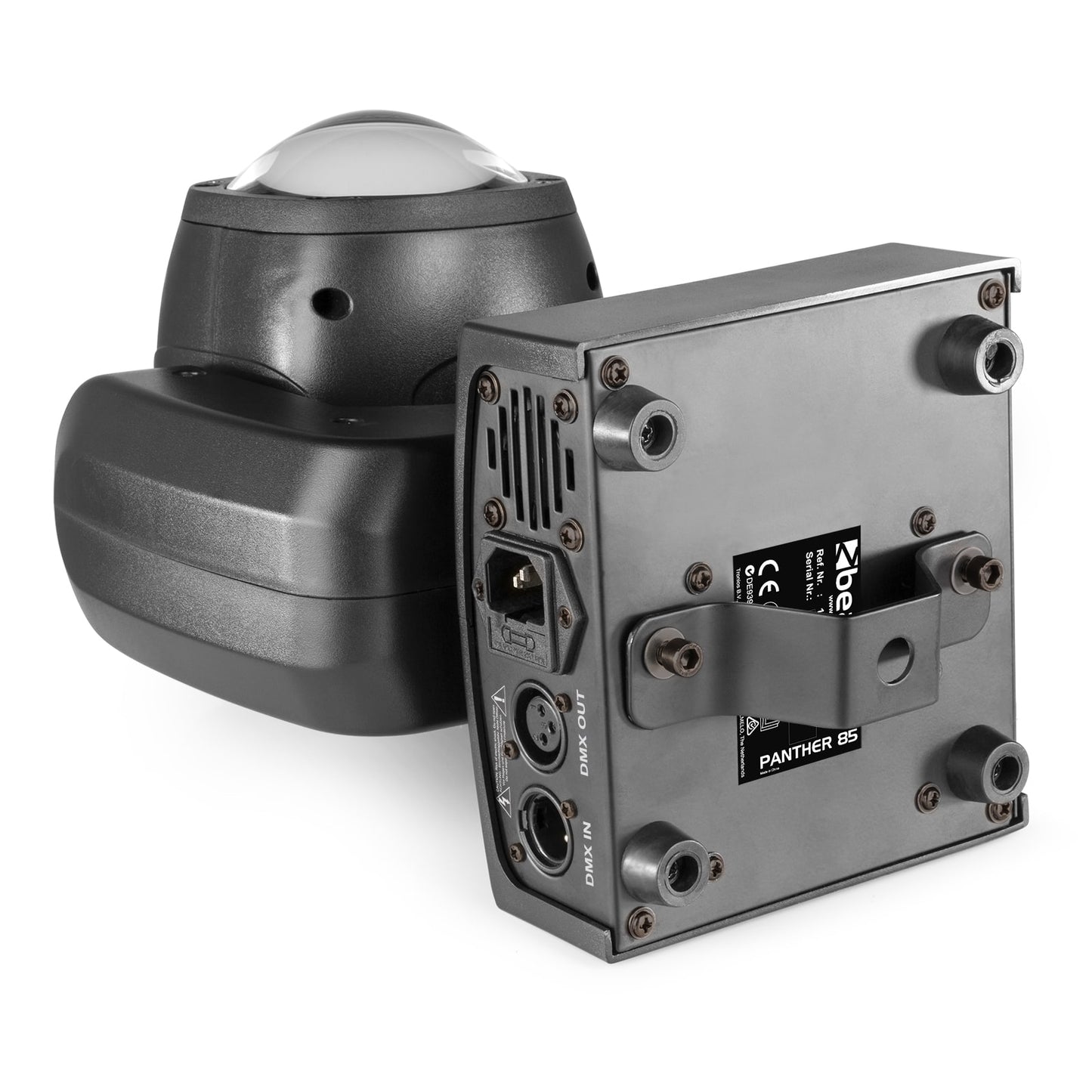 Bottom view of the Panther 85 LED Beam Moving Head with 80W 4-in-1 LED, RGBW colors, and DMX control by beamZ.