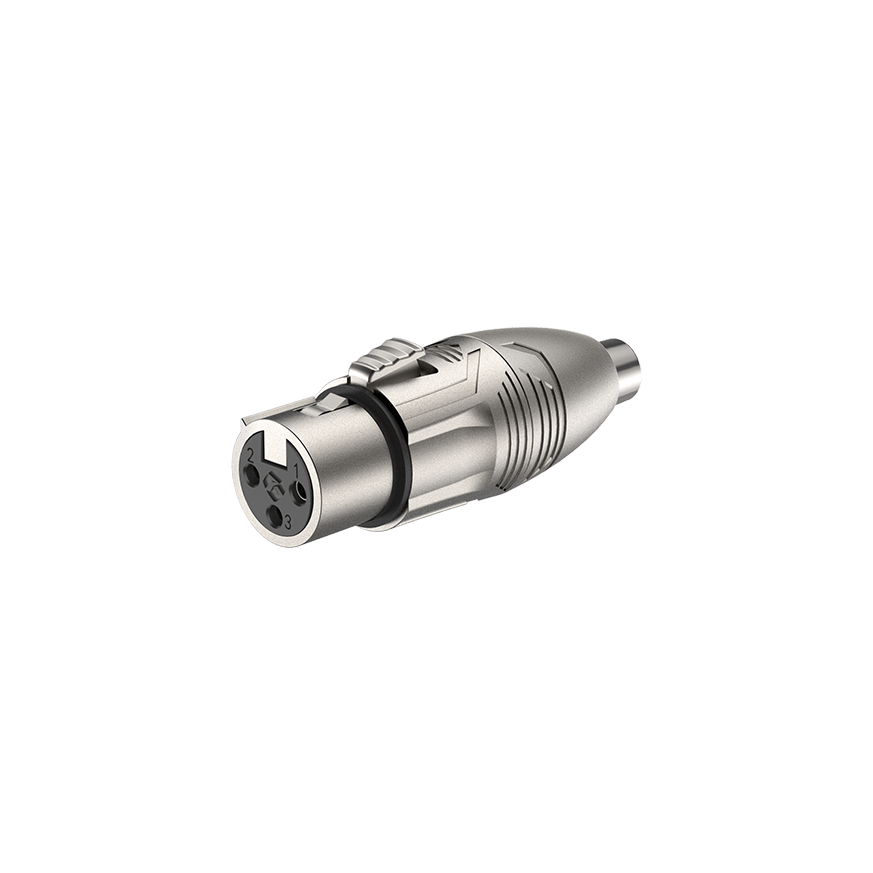 High-quality Roxtone adapter converting XLR socket to RCA socket for audio connections.