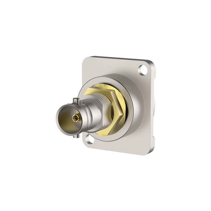 Image of a ROXTONE BNC Female Socket Chassis Mount with a nickel plated shell, designed as a 75 Ohm adapter.