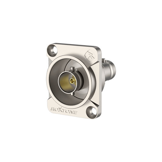 ROXTONE BNC Female Socket Chassis Mount with Nickel Plated Shell Adapter, designed for 75 Ohm connections.
