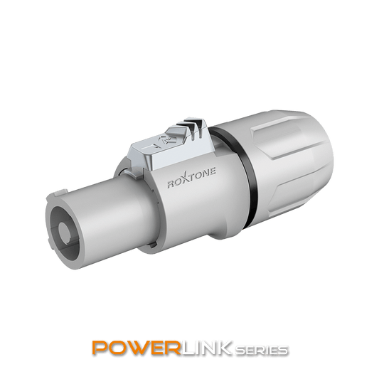 ROXTONE Powercon Output Inline Plug 20A / 250V AC, a durable and lockable connector designed for reliable power connections.
