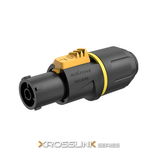 ROXTONE True1 Input Inline Socket 20A / 250V AC IP65, a lockable 3-pin waterproof connector designed for durability and safety.