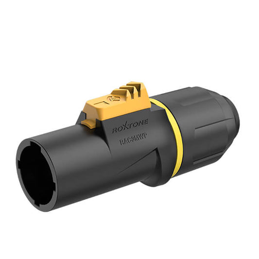 ROXTONE TRUE1 Output Inline Plug 20A / 250V AC IP65, a lockable 3-pin connector designed for LED screens and lighting.