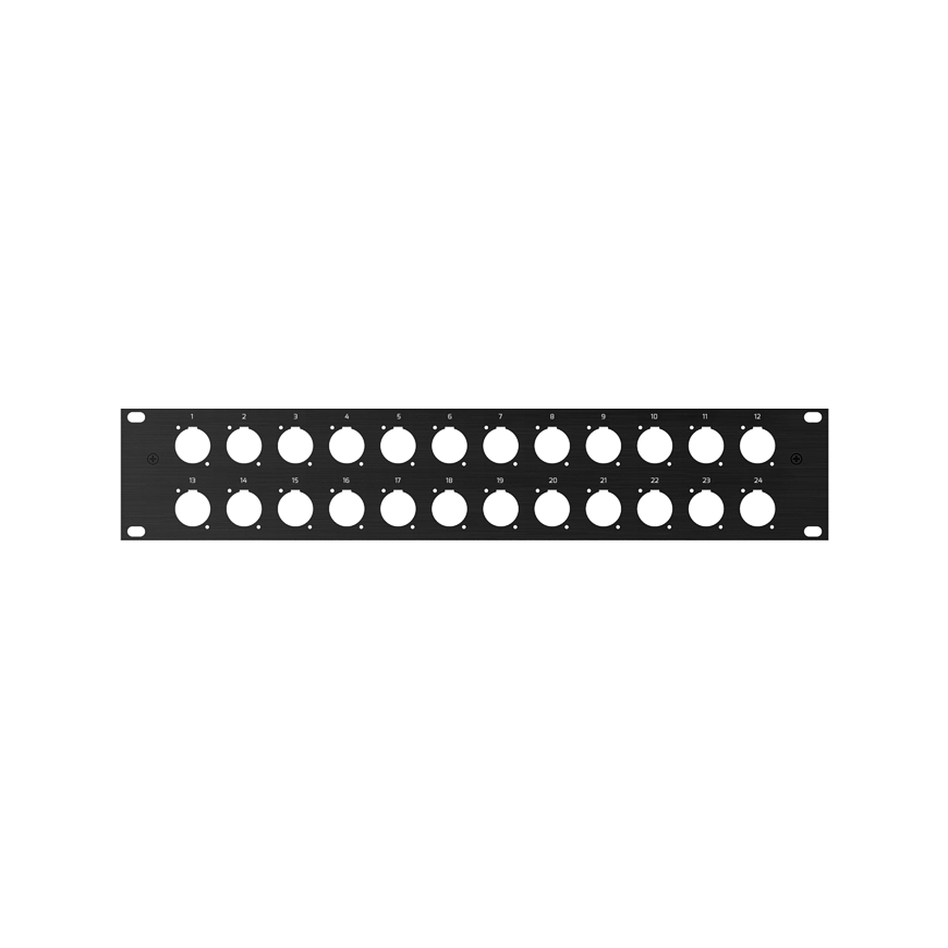 ROXTONE 2U 19-inch rack panel featuring 24 holes designed for D size chassis connectors.