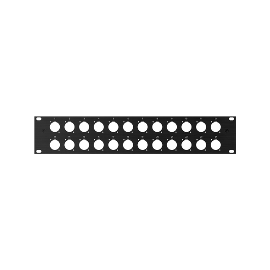 ROXTONE 2U 19-inch rack panel featuring 24 holes designed for D size chassis connectors.