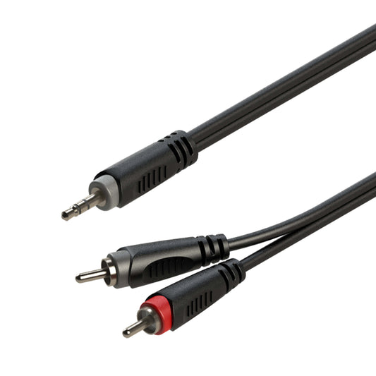 Roxtone Samurai Series 3.5m stereo to dual RCA male signal lead, showcasing its connectors and cable design.
