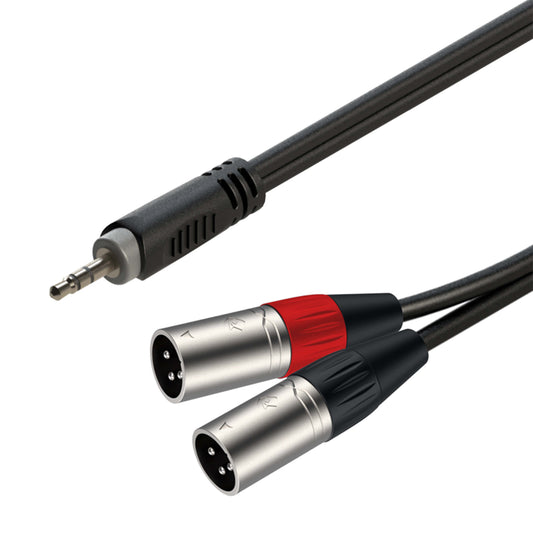 ROXTONE Samurai Series 2M Signal Lead featuring a 3.5mm stereo male connector and dual XLR male connectors.