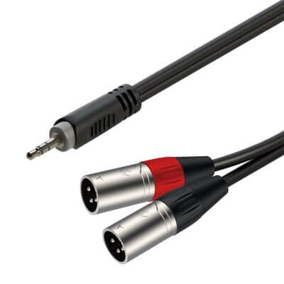 Roxtone Samurai Series 3M Signal Lead featuring a 3.5mm stereo male connector to dual XLR male connectors.