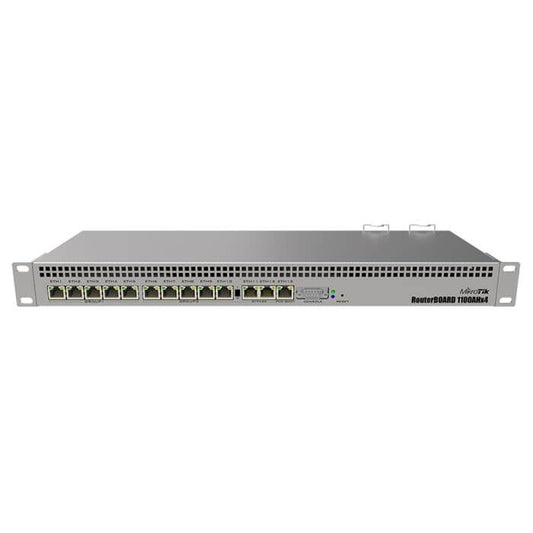 MikroTik RB1100AHx4, a 13 port gigabit rack-mount router designed for high-performance networking.