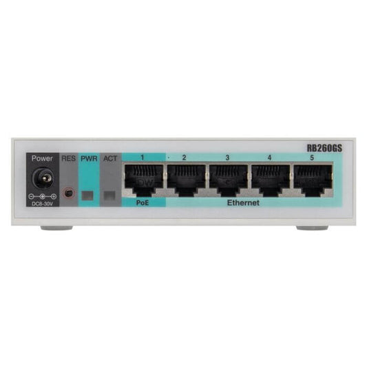 MikroTik CSS106-5G-1S 5 Port Gigabit Smart Switch displayed on a white background.
