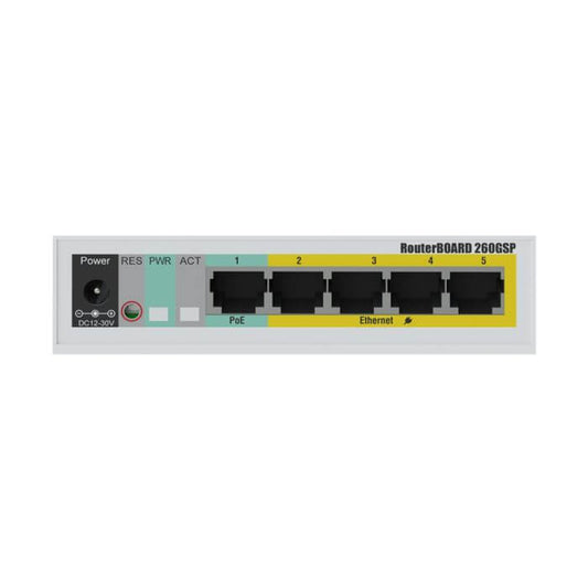 Image of MikroTik CSS106-1G-4P-1S, a 5 Port Gigabit PoE Smart Switch, showcasing its ports and design.