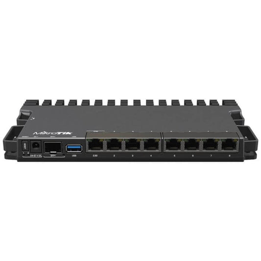 Image of MikroTik RB5009UG+S+IN router featuring 7 ports and 2.5Gbps speed.