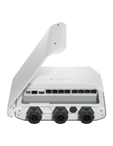 MikroTik RB5009UPr+S+OUT 7 Port Outdoor PoE Router with RouterOS L5 License in an indoor case.