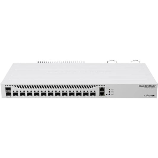 MikroTik CCR2004 router featuring 12 ports for SFP+ and SFP28 connectivity, showcasing a sleek design and advanced technology.