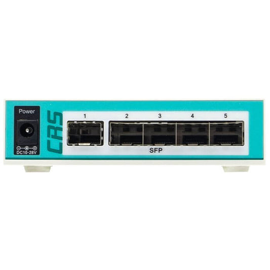 MikroTik CRS106 5 Port SFP Switch featuring 1 PoE/SFP port, showcasing its compact design and connectivity options.