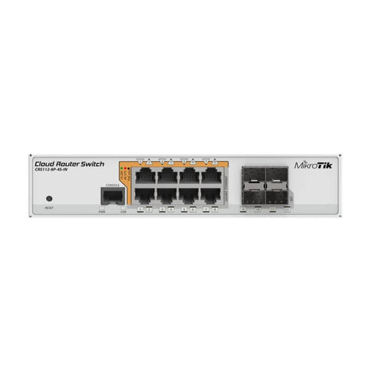 MikroTik CRS112 8 Port PoE Switch with 4 SFP ports, showcasing its design and connectivity options.