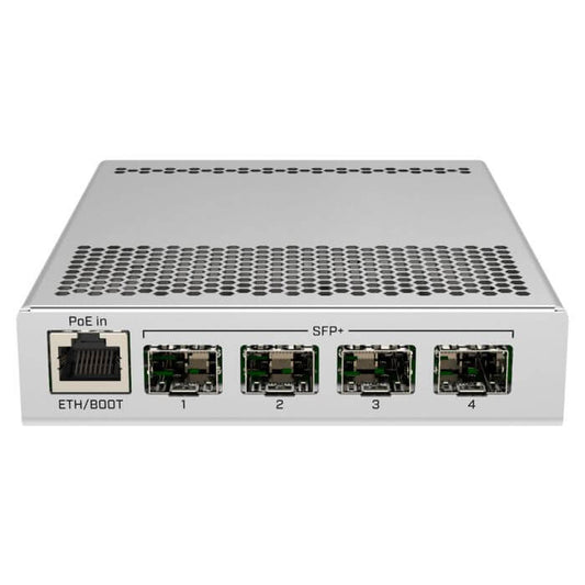 MikroTik CRS305 4 Port SFP+ Switch with four SFP+ ports for high-speed networking.