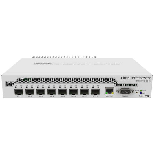 MikroTik CRS309 8 Port SFP+ Switch featuring PoE Input, showcasing its compact design and multiple ports.