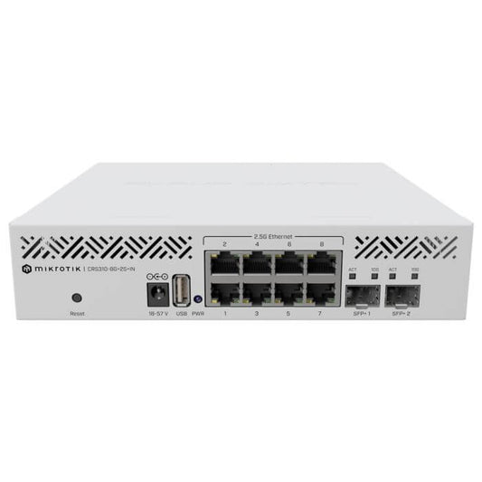 MikroTik CRS310 Cloud Router Switch featuring 8 ports with 2.5Gbps speed and 2 SFP slots.