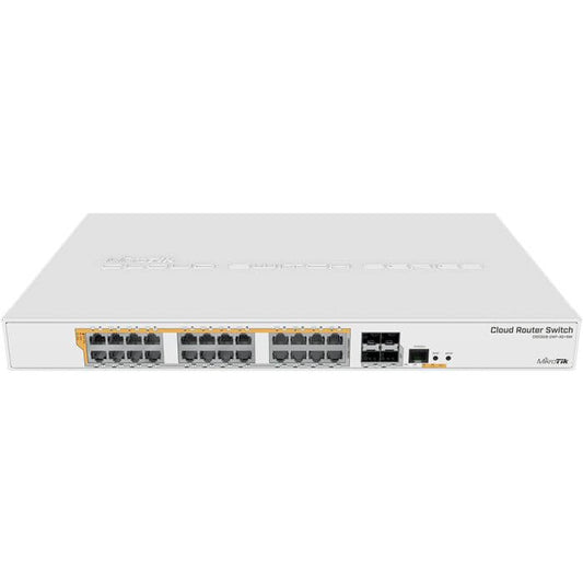 MikroTik CRS328 Cloud Router Switch featuring 24 ports with Power over Ethernet and 4 SFP slots.