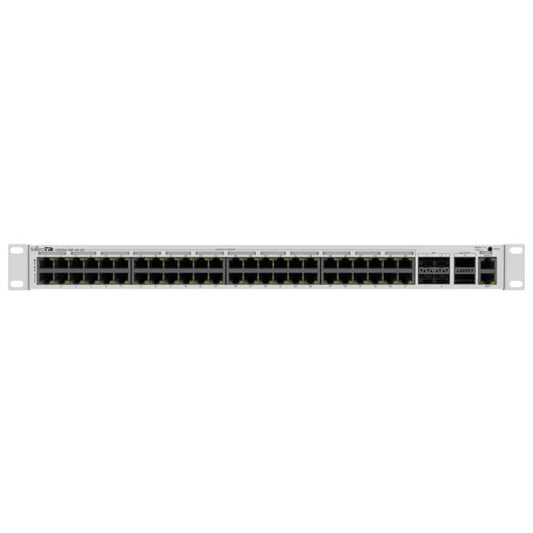 MikroTik CRS354-48P-4S+2Q Switch featuring 48 PoE ports and 4 SFP+ ports, displayed in a professional setting.