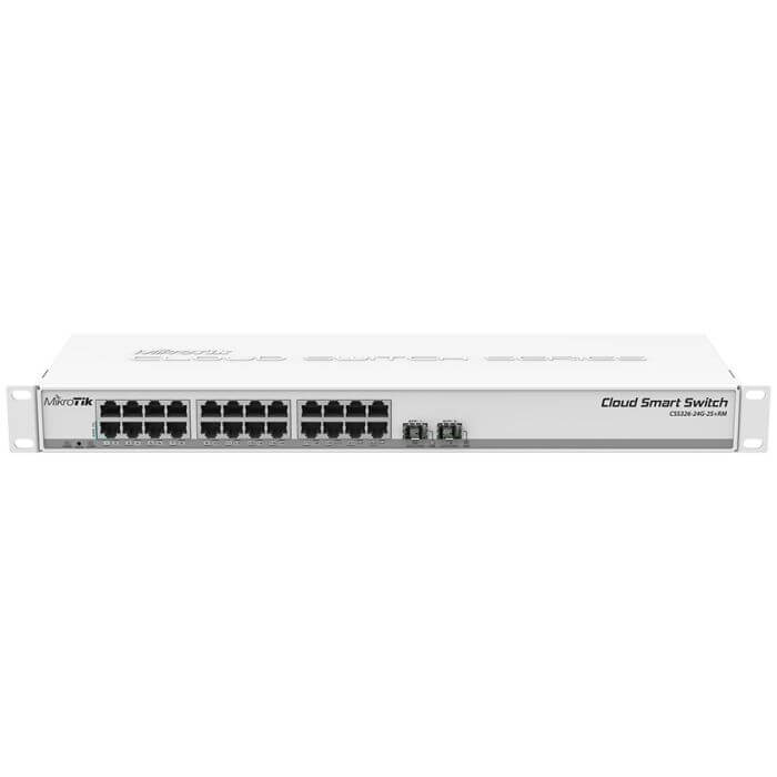 MikroTik CSS326-24G-2S Switch featuring 24 Gigabit Ethernet ports and 2 SFP ports for high-speed networking.