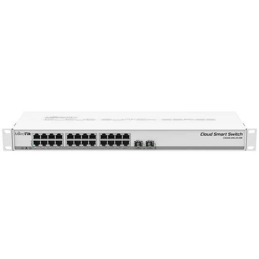 MikroTik CSS326-24G-2S Switch featuring 24 Gigabit Ethernet ports and 2 SFP ports for high-speed networking.