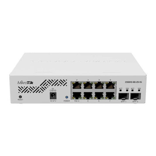 MikroTik CSS610-8G-2S Switch featuring 8 Gigabit PoE ports, ideal for network connectivity.