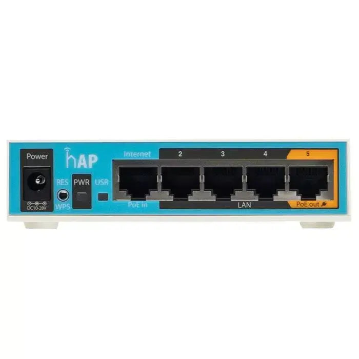 MikroTik hAP 5 Port WiFi 4 Router with a maximum speed of 300Mbps, featuring multiple Ethernet ports for connectivity.