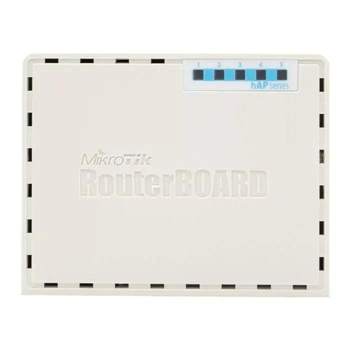 MikroTik hAP 5 Port WiFi 4 Router with 300Mbps speed, featuring multiple Ethernet ports and a sleek design.