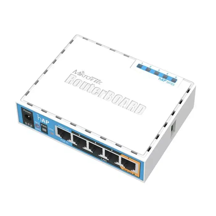 MikroTik hAP 5 Port WiFi 4 Router with a maximum speed of 300Mbps, featuring multiple Ethernet ports for connectivity.